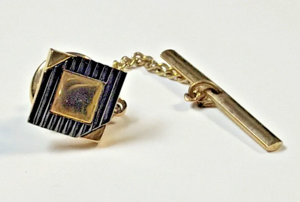 Vintage Pierre Cardin Square Black Lined Gold Tone Tie Bar Pin Tack